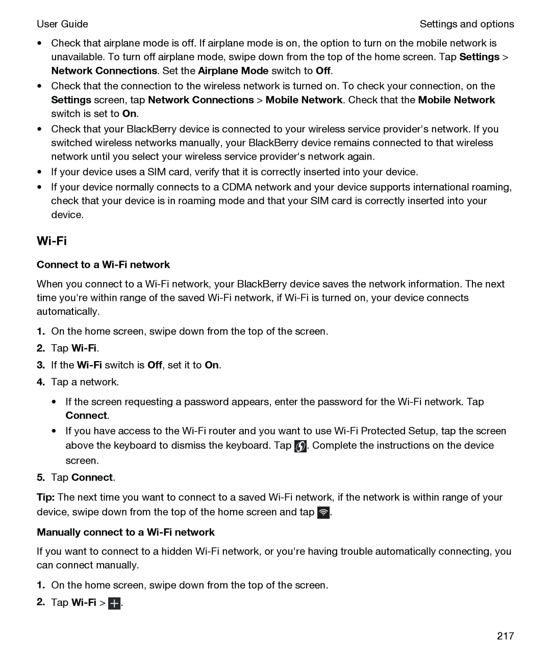 Blackberry P'9982 manual Connect to a Wi-Fi network, Tap Connect, Manually connect to a Wi-Fi network 