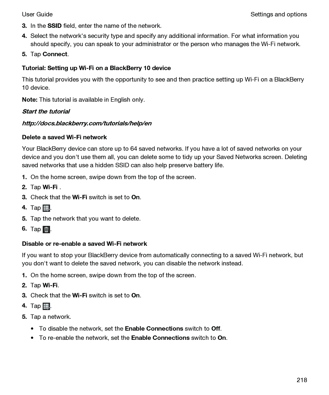 Blackberry P'9982 manual Delete a saved Wi-Fi network, Tap Wi-Fi, Disable or re-enable a saved Wi-Fi network 
