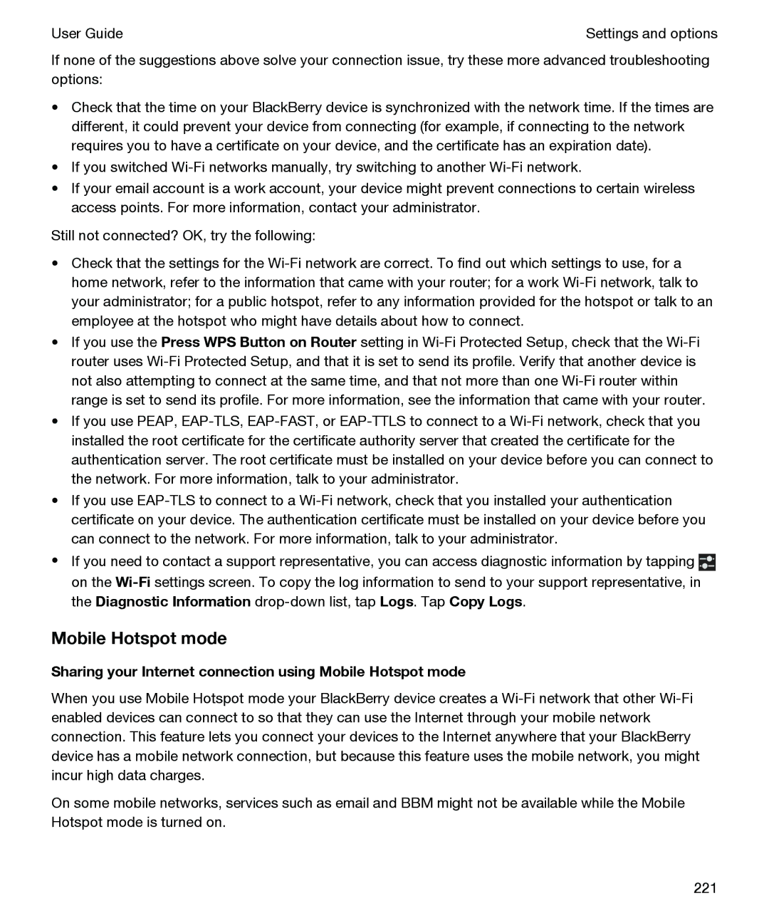 Blackberry P'9982 manual Sharing your Internet connection using Mobile Hotspot mode 