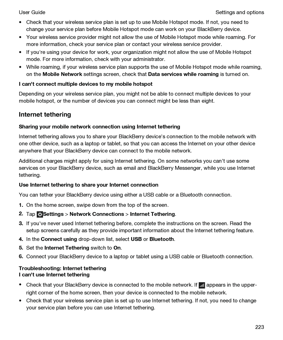 Blackberry P'9982 manual Internet tethering, Cant connect multiple devices to my mobile hotspot 