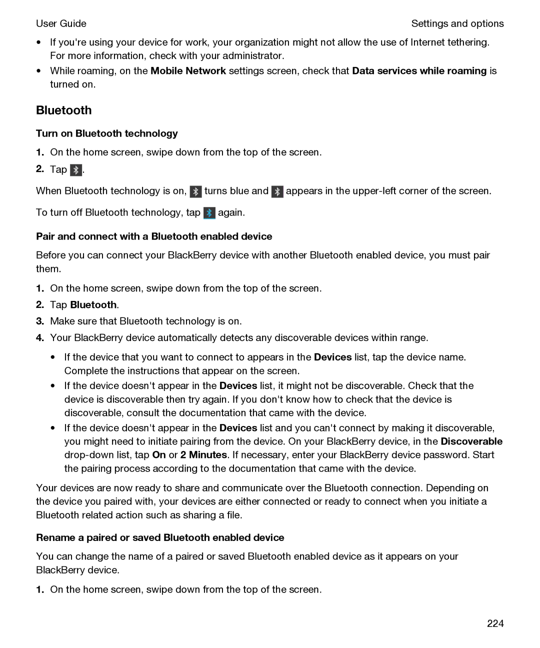 Blackberry P'9982 manual Turn on Bluetooth technology, Pair and connect with a Bluetooth enabled device, Tap Bluetooth 