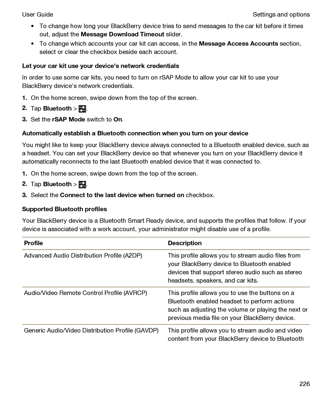 Blackberry P'9982 manual Let your car kit use your devices network credentials, Profile Description 