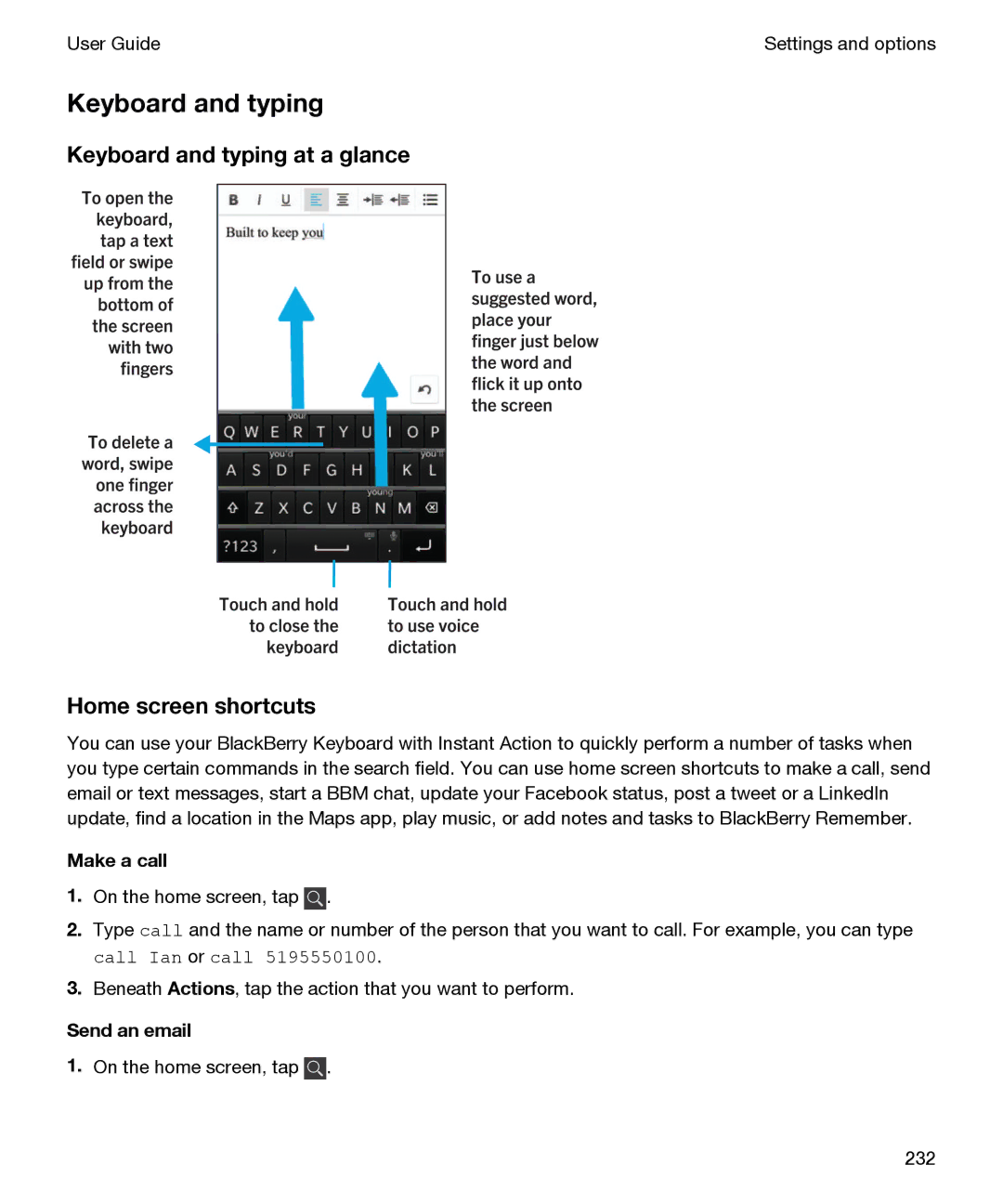 Blackberry P'9982 manual Keyboard and typing at a glance Home screen shortcuts, Send an email 