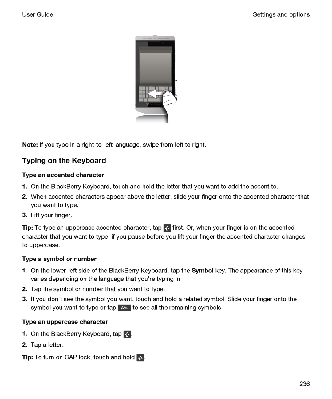 Blackberry P'9982 Typing on the Keyboard, Type an accented character, Type a symbol or number, Type an uppercase character 