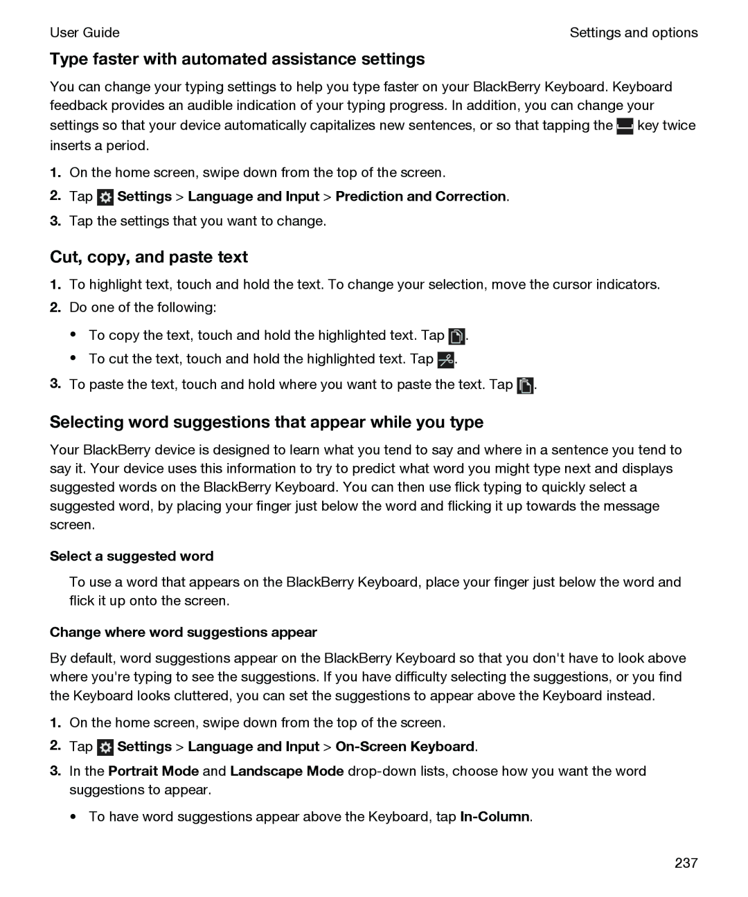 Blackberry P'9982 manual Type faster with automated assistance settings, Cut, copy, and paste text 