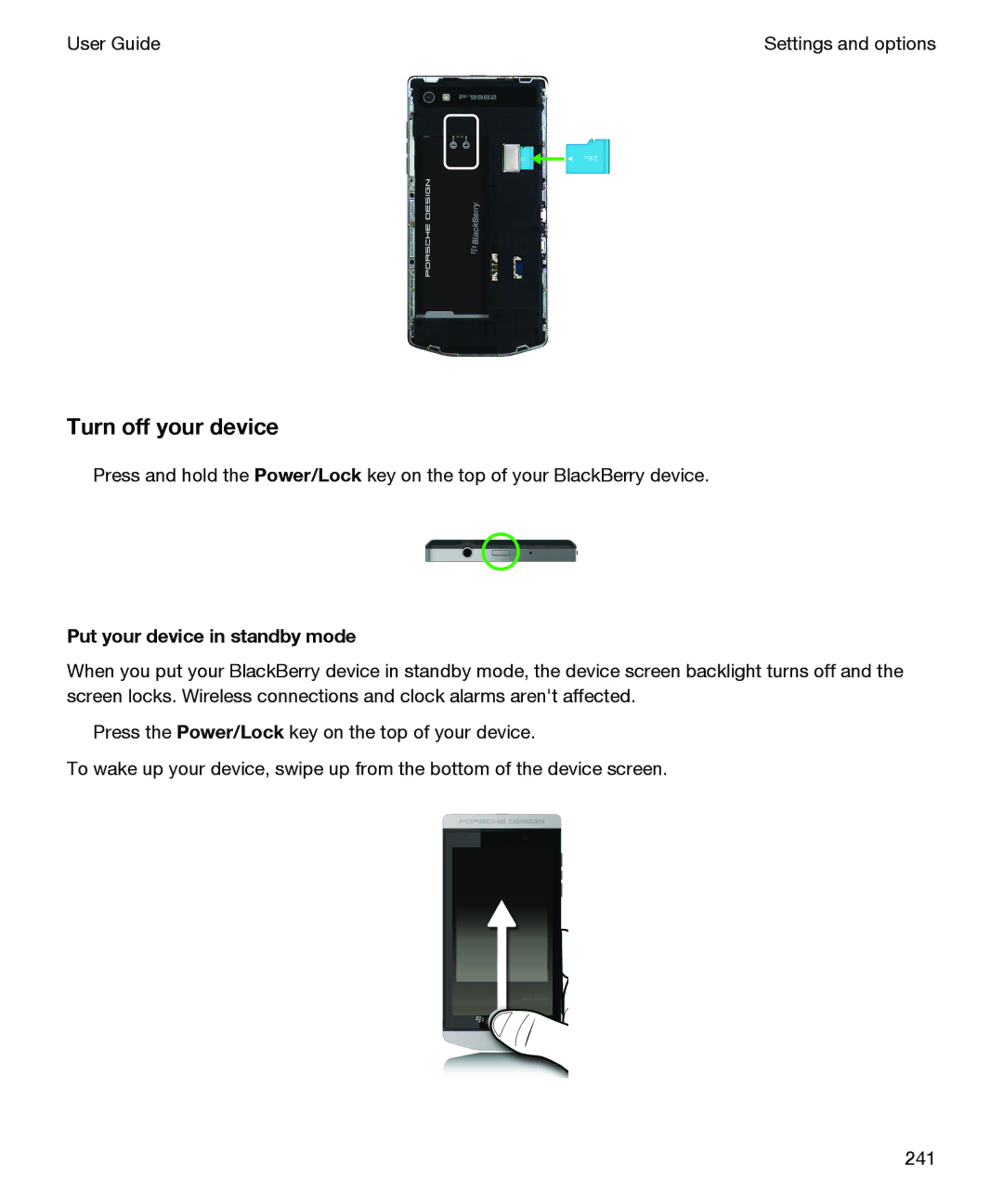 Blackberry P'9982 manual Turn off your device, Put your device in standby mode 