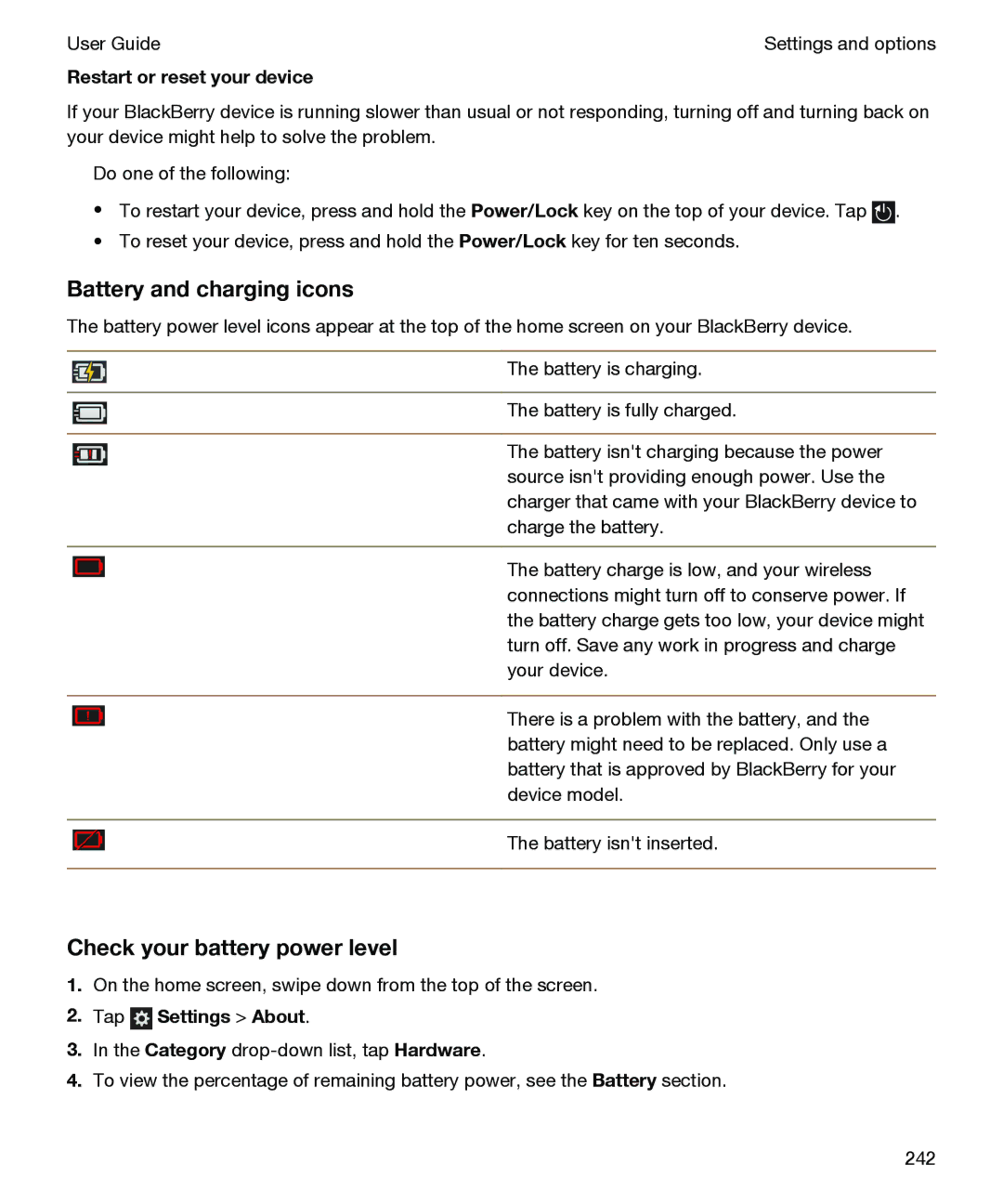 Blackberry P'9982 manual Battery and charging icons, Check your battery power level 