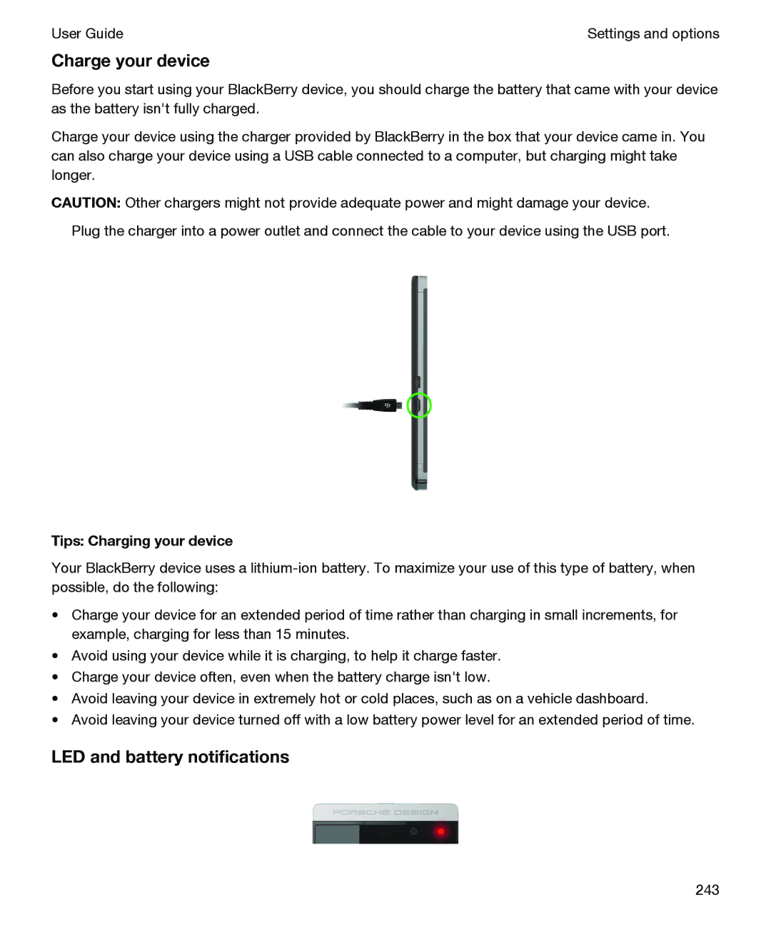 Blackberry P'9982 manual Charge your device, LED and battery notifications 