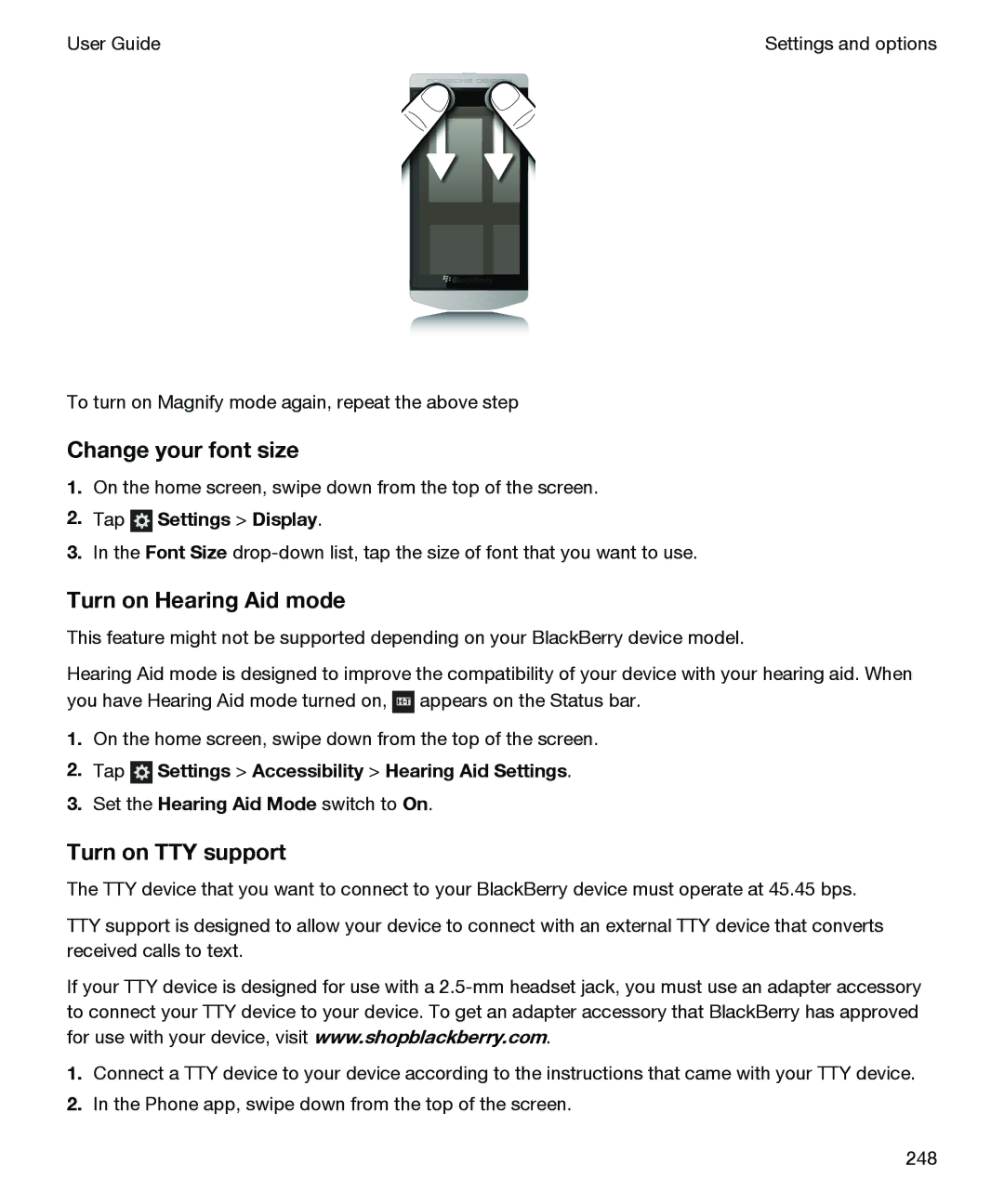 Blackberry P'9982 manual Turn on Hearing Aid mode, Turn on TTY support, Tap Settings Accessibility Hearing Aid Settings 