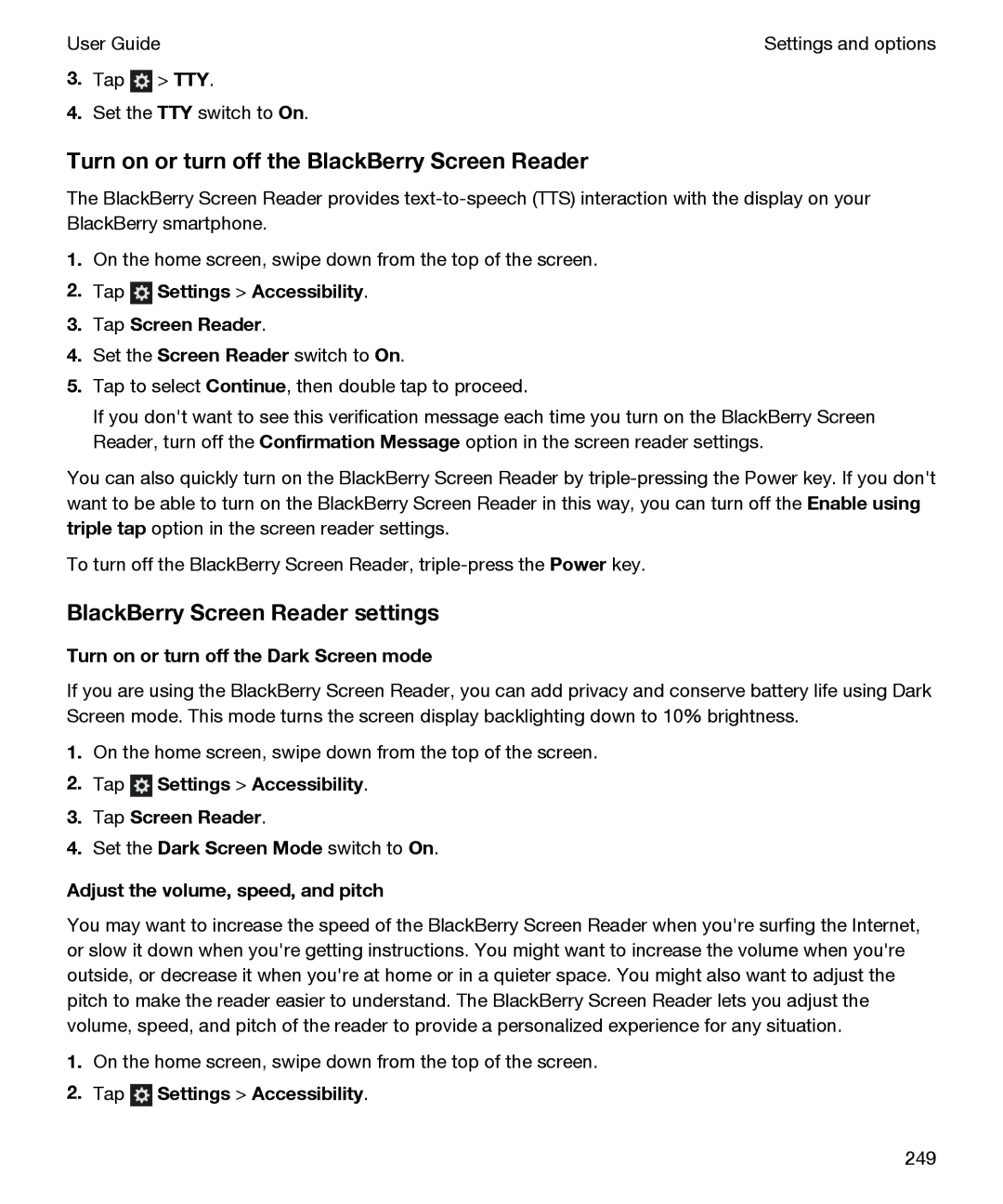 Blackberry P'9982 manual Turn on or turn off the BlackBerry Screen Reader, BlackBerry Screen Reader settings 