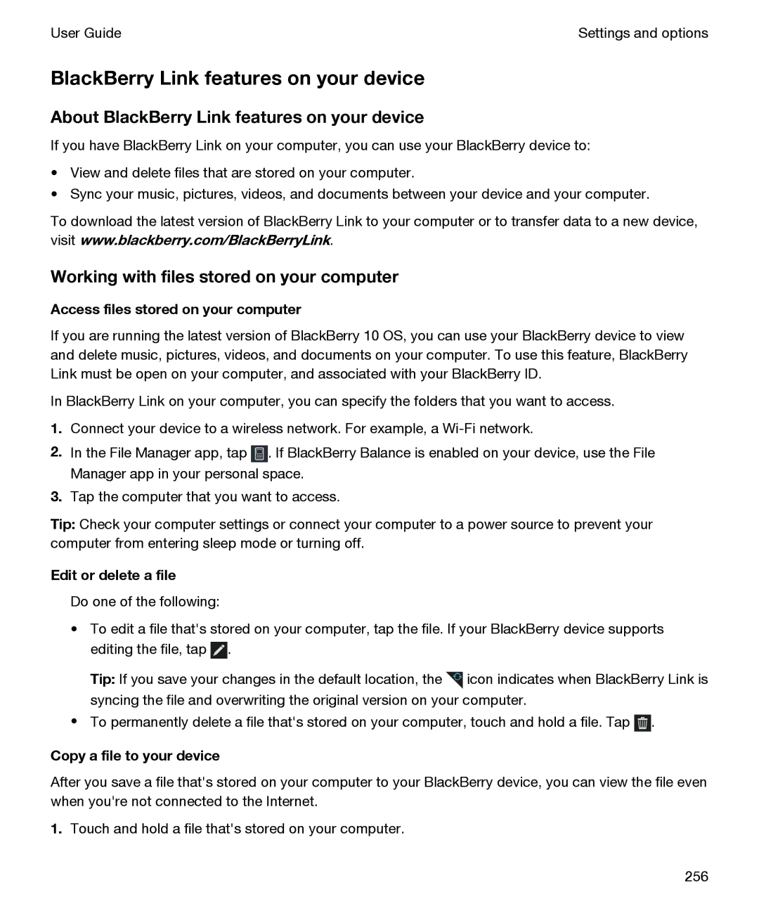 Blackberry P'9982 manual About BlackBerry Link features on your device, Working with files stored on your computer 