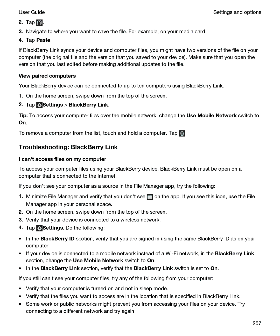 Blackberry P'9982 manual Troubleshooting BlackBerry Link, View paired computers, Tap Settings BlackBerry Link 