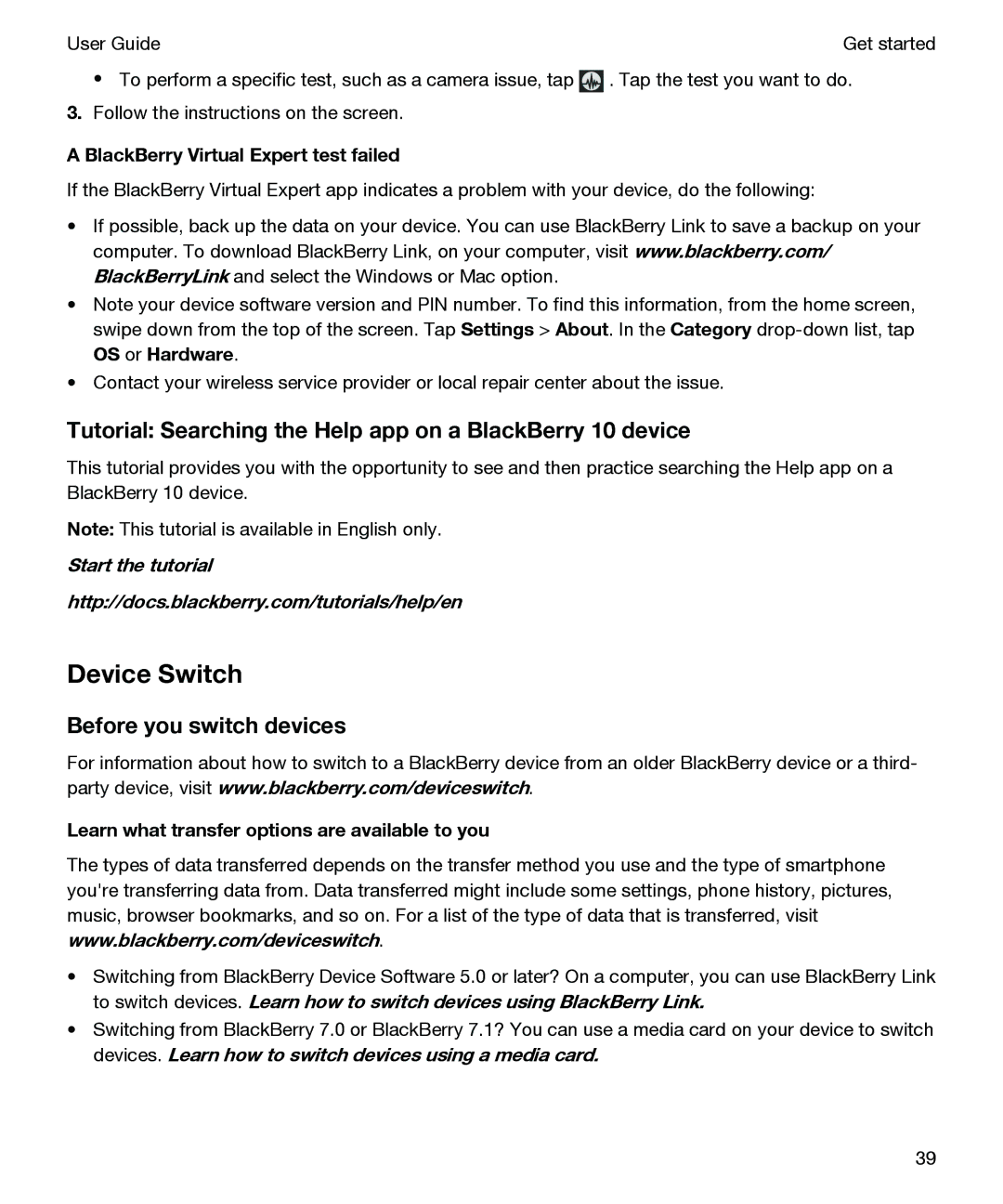 Blackberry P'9982 Device Switch, Tutorial Searching the Help app on a BlackBerry 10 device, Before you switch devices 