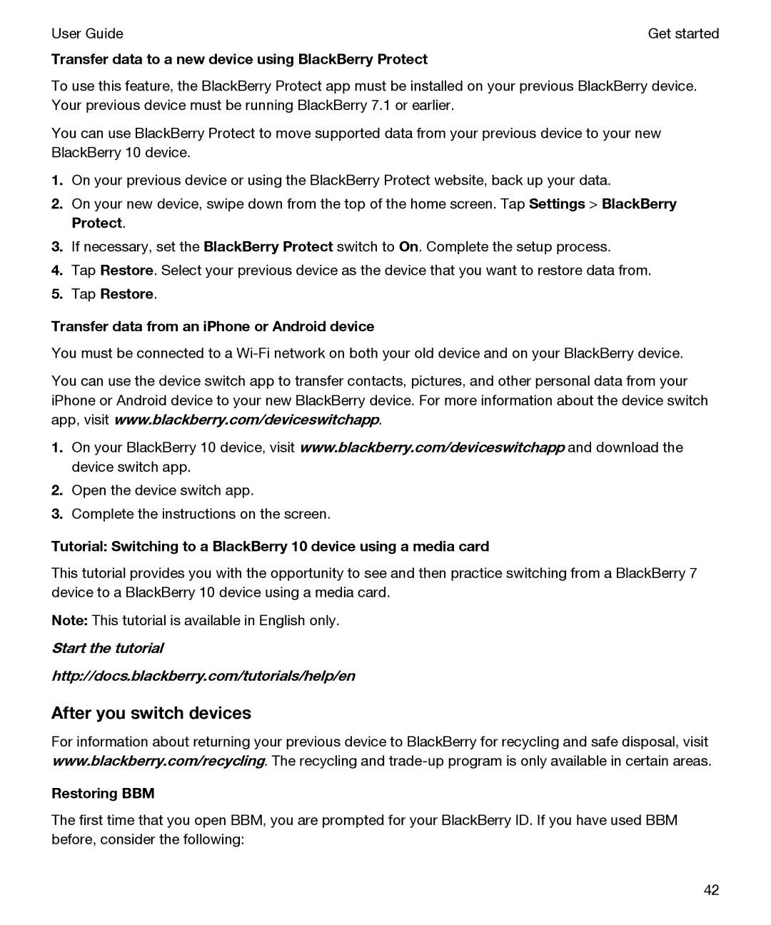 Blackberry P'9982 manual After you switch devices, Transfer data to a new device using BlackBerry Protect, Restoring BBM 