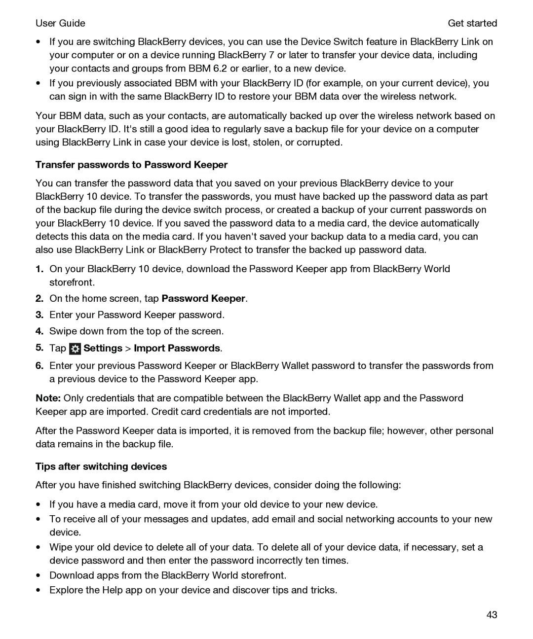 Blackberry P'9982 manual Transfer passwords to Password Keeper, Tap Settings Import Passwords, Tips after switching devices 