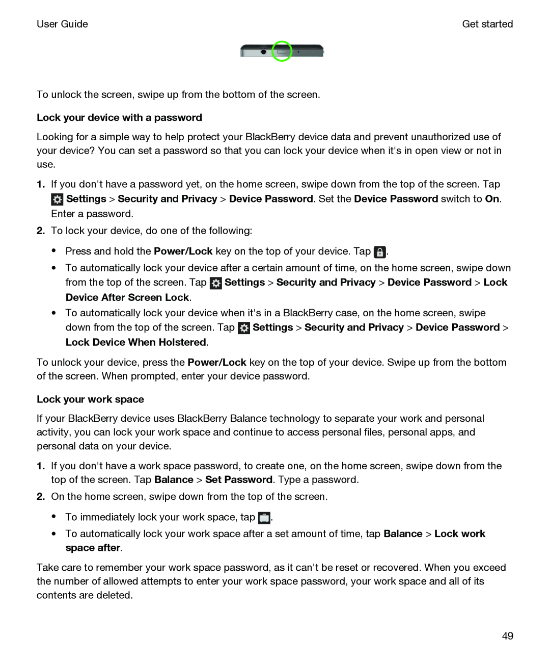 Blackberry P'9982 manual Lock your device with a password, Lock your work space 