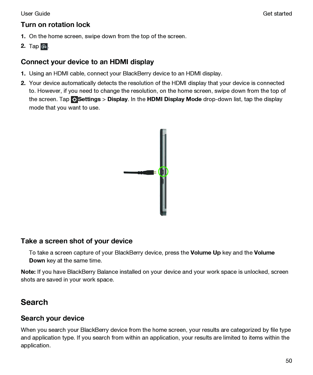 Blackberry P'9982 Search, Turn on rotation lock, Connect your device to an Hdmi display, Take a screen shot of your device 