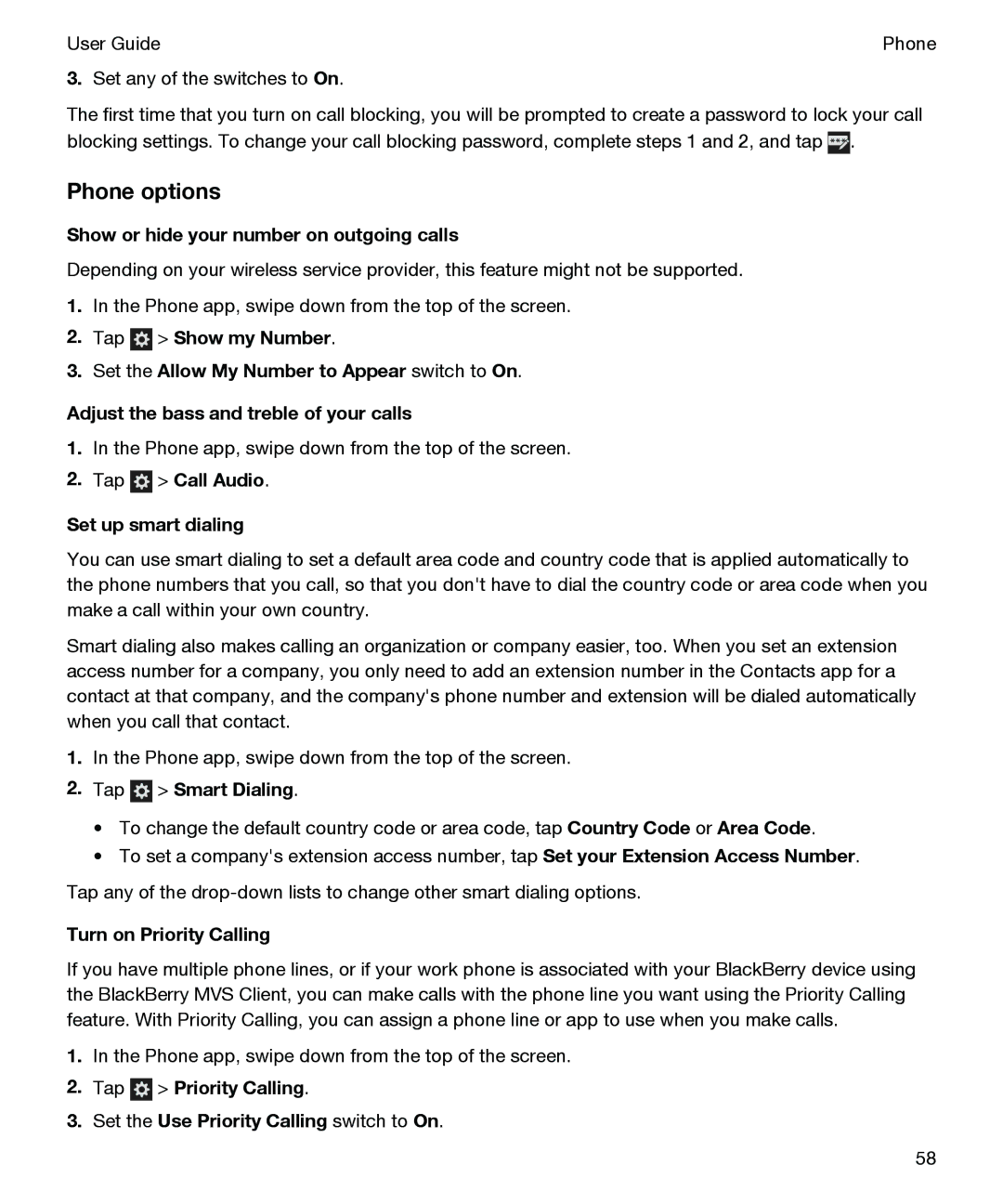 Blackberry P'9982 manual Phone options, Show or hide your number on outgoing calls, Tap Call Audio Set up smart dialing 