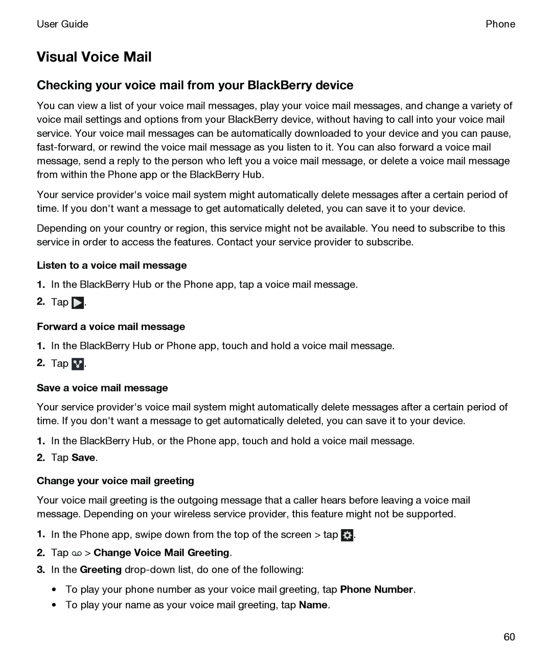 Blackberry P'9982 manual Visual Voice Mail, Checking your voice mail from your BlackBerry device 