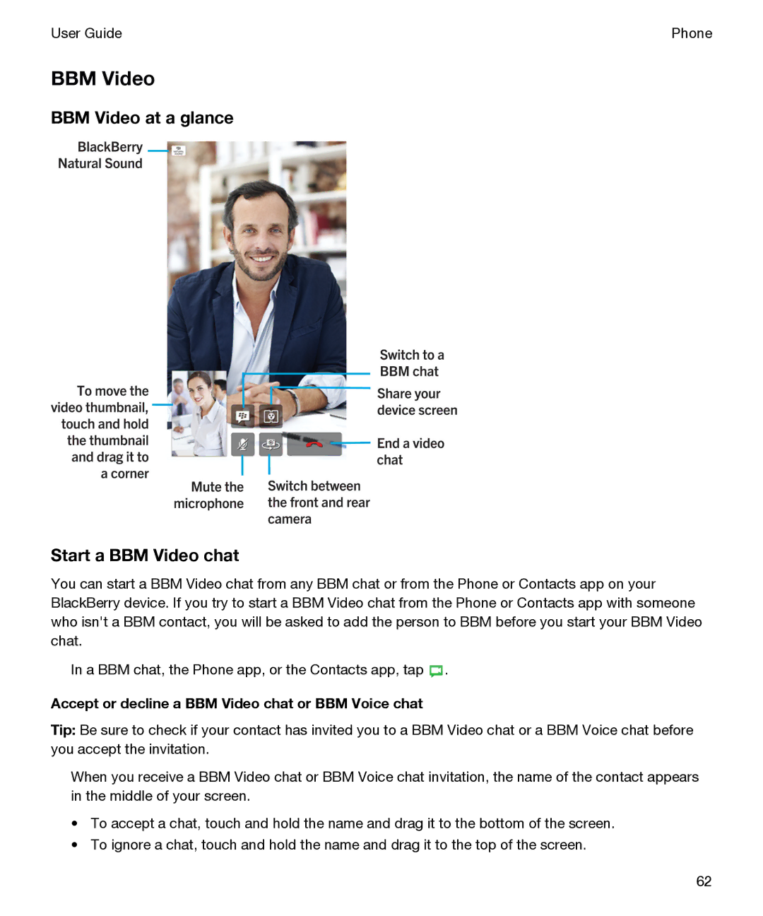 Blackberry P'9982 BBM Video at a glance Start a BBM Video chat, Accept or decline a BBM Video chat or BBM Voice chat 