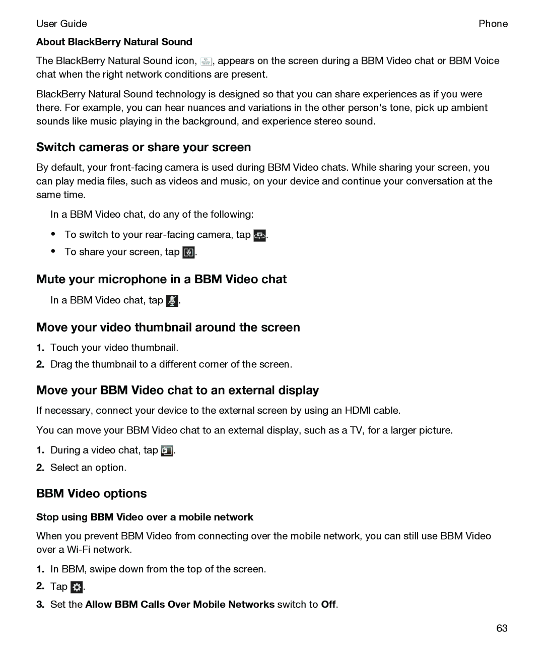 Blackberry P'9982 manual Switch cameras or share your screen, Mute your microphone in a BBM Video chat, BBM Video options 