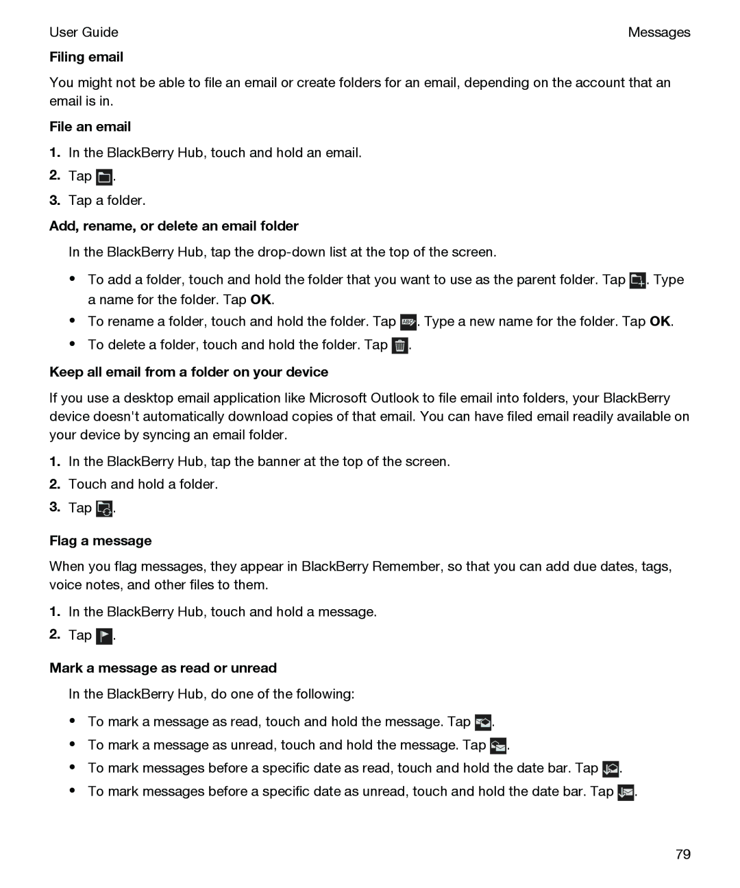 Blackberry P'9982 manual Filing email, File an email, Add, rename, or delete an email folder, Flag a message 