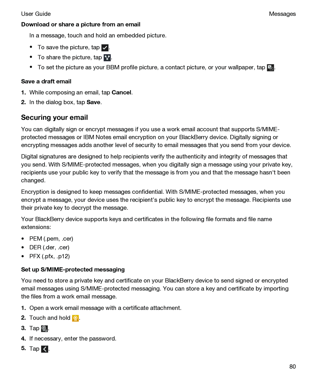 Blackberry P'9982 manual Securing your email, Download or share a picture from an email, Save a draft email 