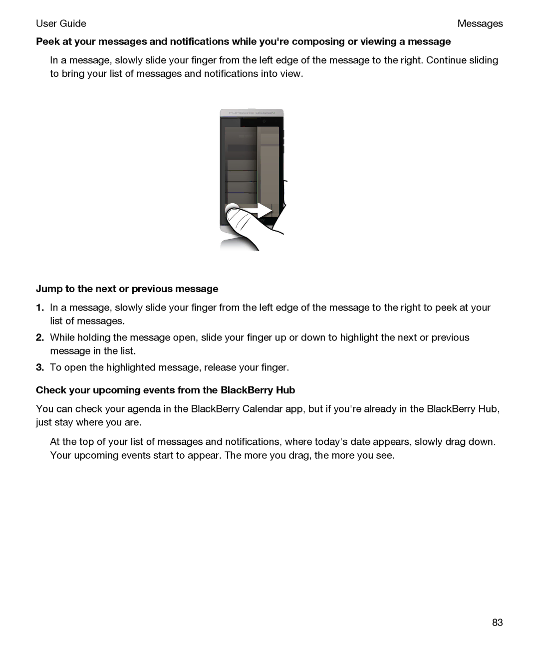 Blackberry P'9982 manual Jump to the next or previous message, Check your upcoming events from the BlackBerry Hub 