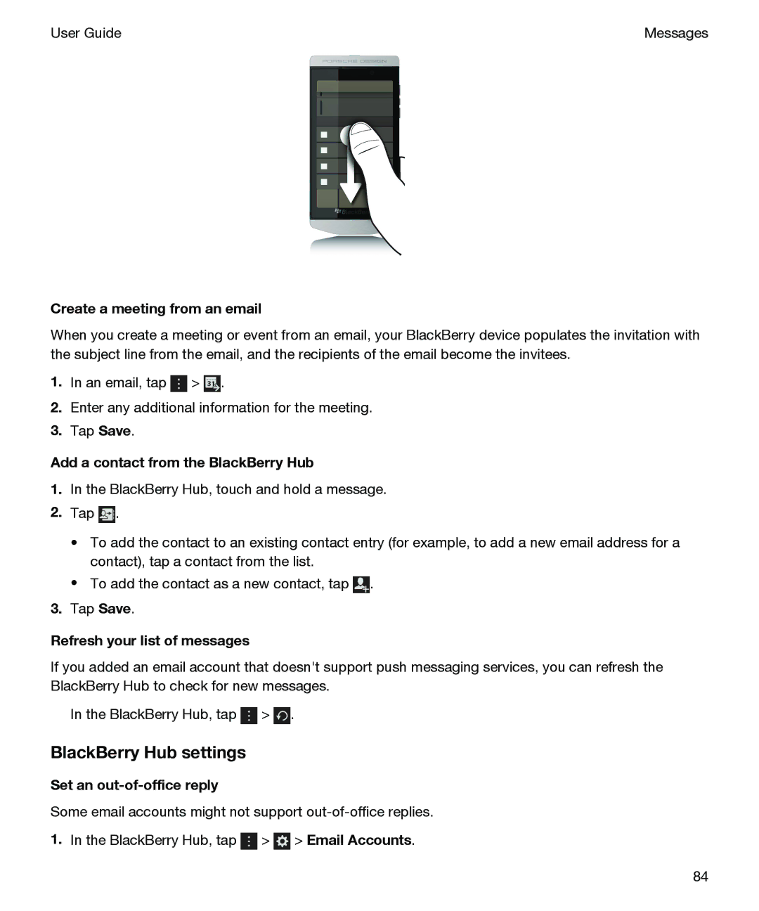 Blackberry P'9982 manual BlackBerry Hub settings, Create a meeting from an email, Add a contact from the BlackBerry Hub 