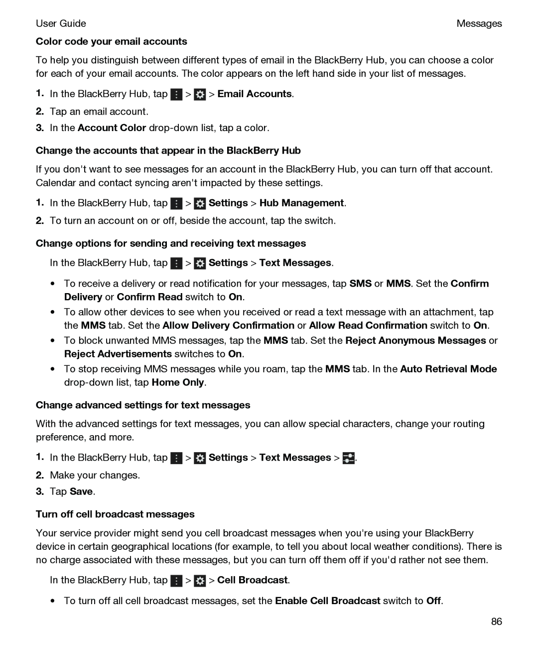 Blackberry P'9982 manual Color code your email accounts, Change the accounts that appear in the BlackBerry Hub 