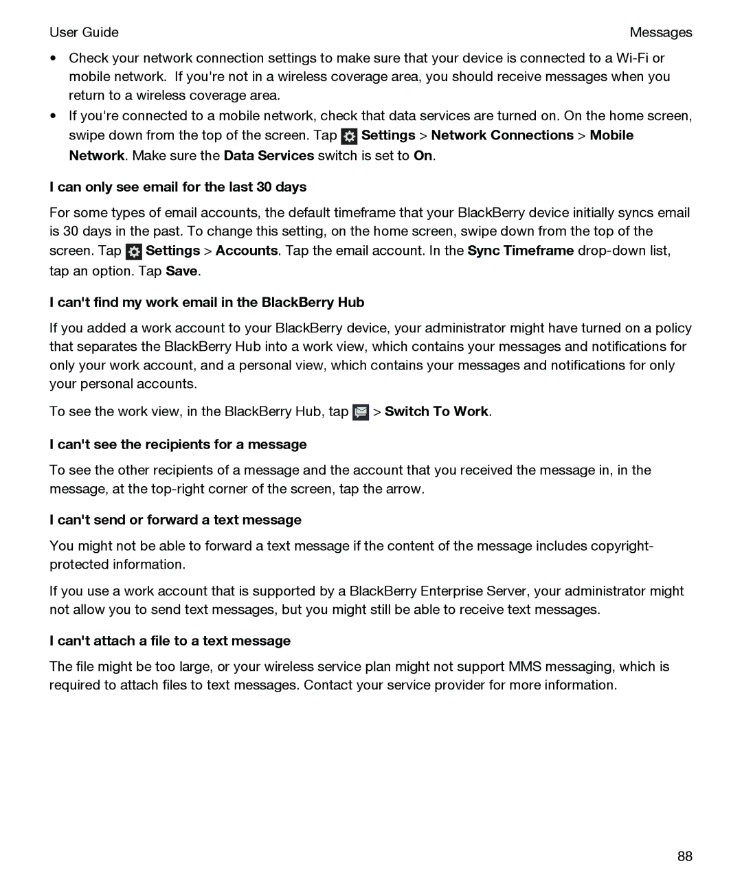 Blackberry P'9982 manual Can only see email for the last 30 days, Cant find my work email in the BlackBerry Hub 