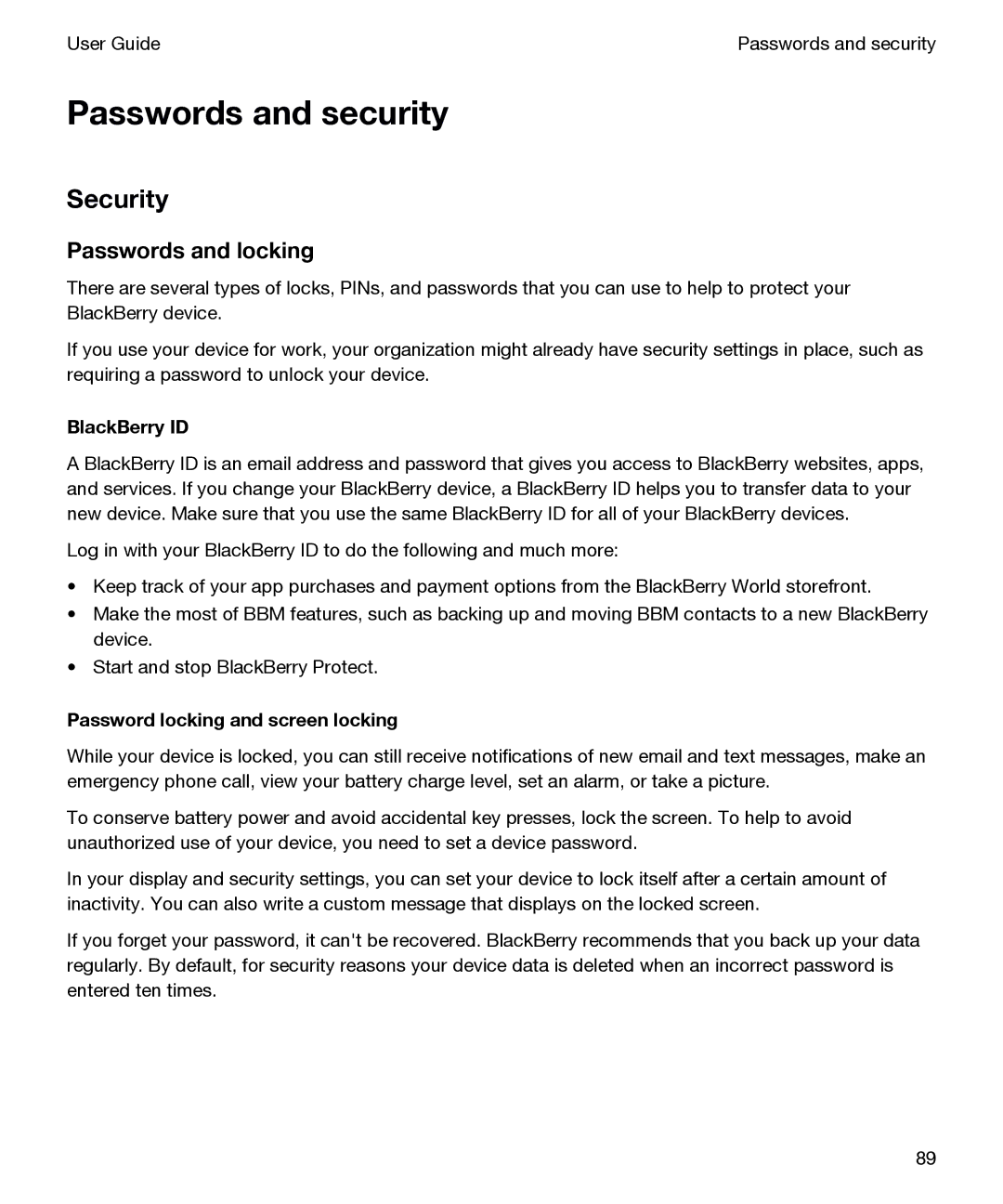 Blackberry P'9982 manual Security, Passwords and locking, BlackBerry ID, Password locking and screen locking 