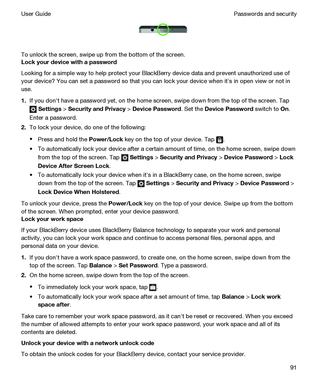 Blackberry P'9982 manual Lock your device with a password, Unlock your device with a network unlock code 