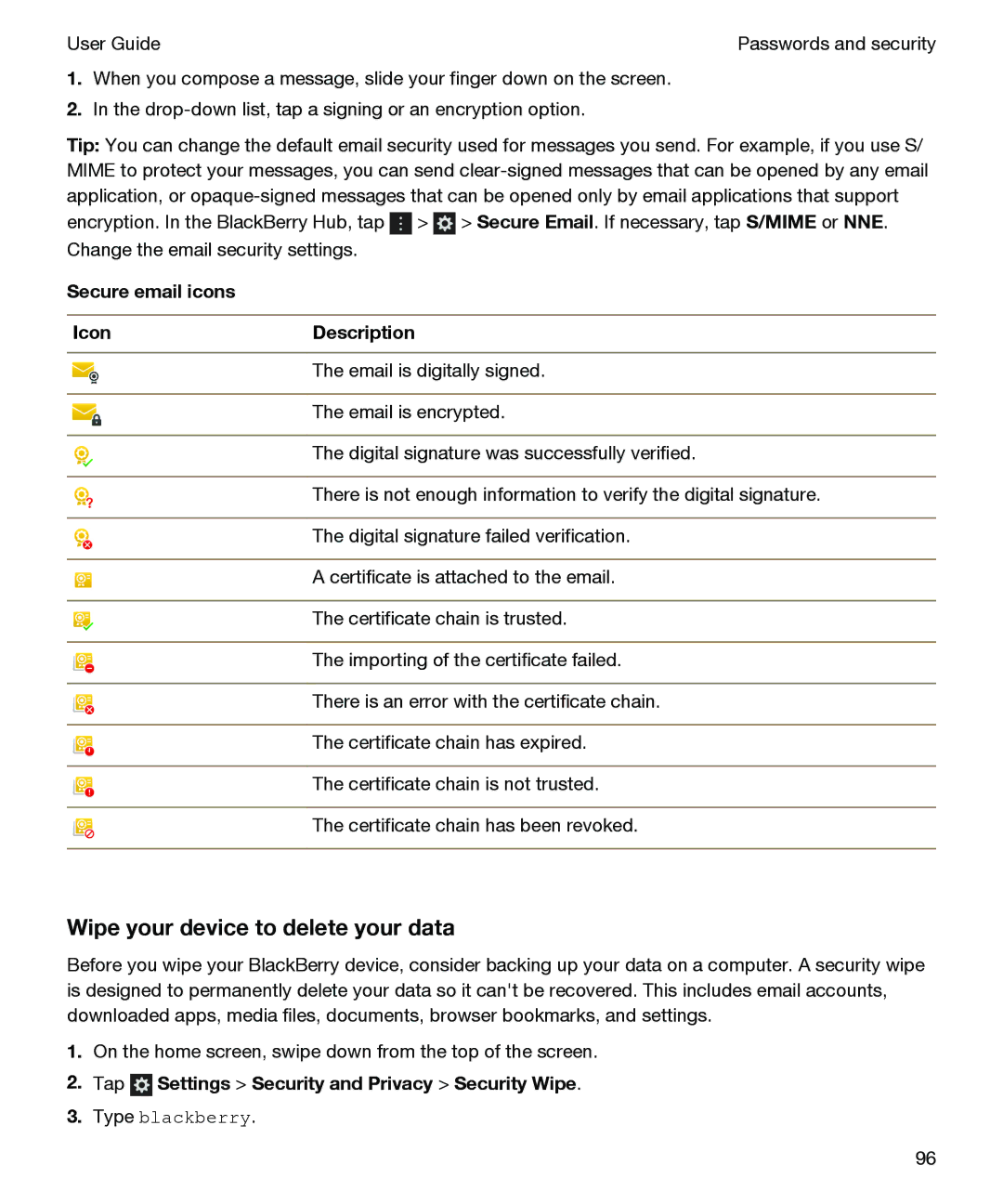 Blackberry P'9982 manual Wipe your device to delete your data, Tap Settings Security and Privacy Security Wipe 