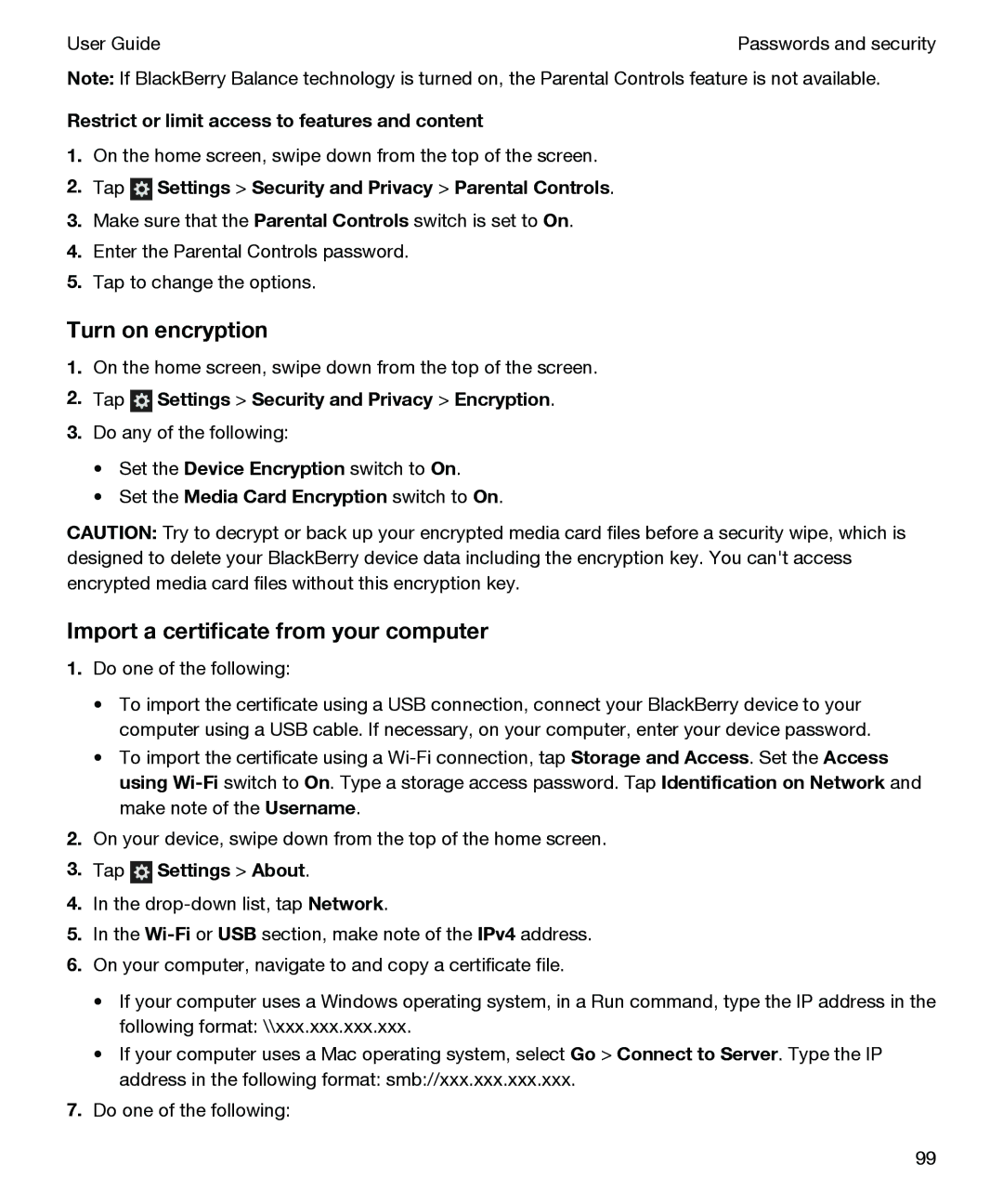 Blackberry P'9982 manual Turn on encryption, Import a certificate from your computer 