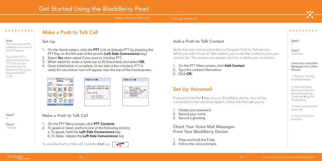 Blackberry Pearl manual Make a Push to Talk Call, Set Up Voicemail 