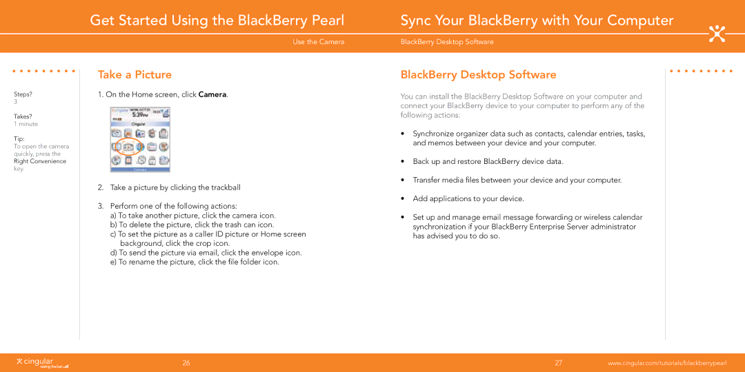 Blackberry Pearl manual Sync Your BlackBerry with Your Computer, Take a Picture, BlackBerry Desktop Software 