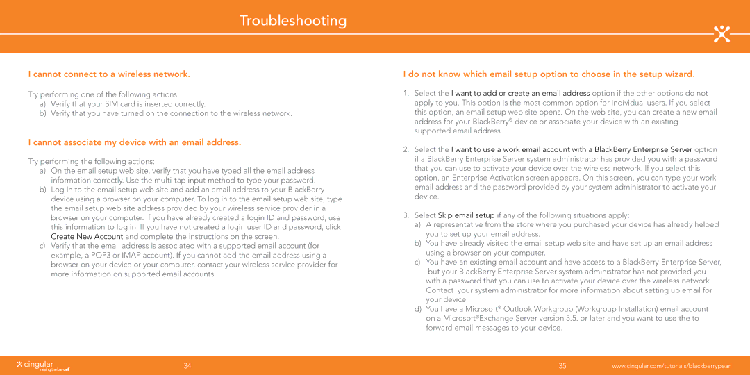 Blackberry Pearl manual Troubleshooting, Cannot connect to a wireless network 