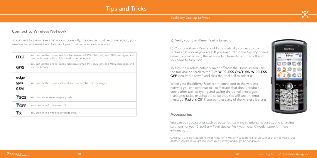Blackberry Pearl manual Tips and Tricks, Connect to Wireless Network, Accessories 