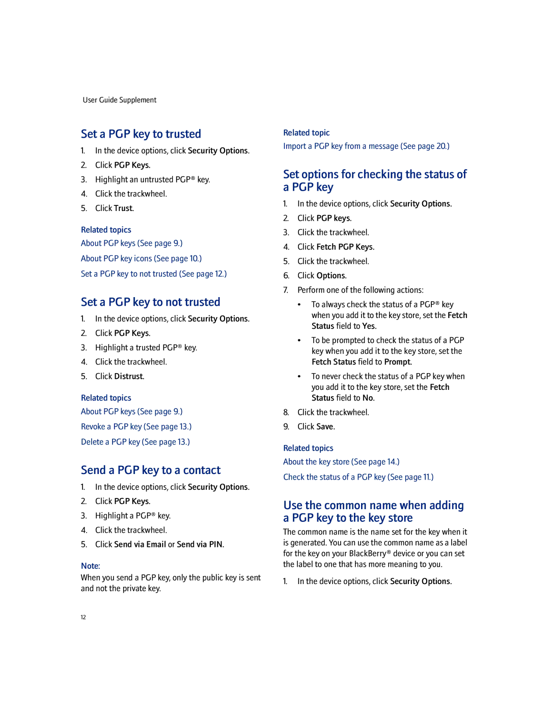 Blackberry manual Set a PGP key to trusted, Set a PGP key to not trusted, Send a PGP key to a contact 