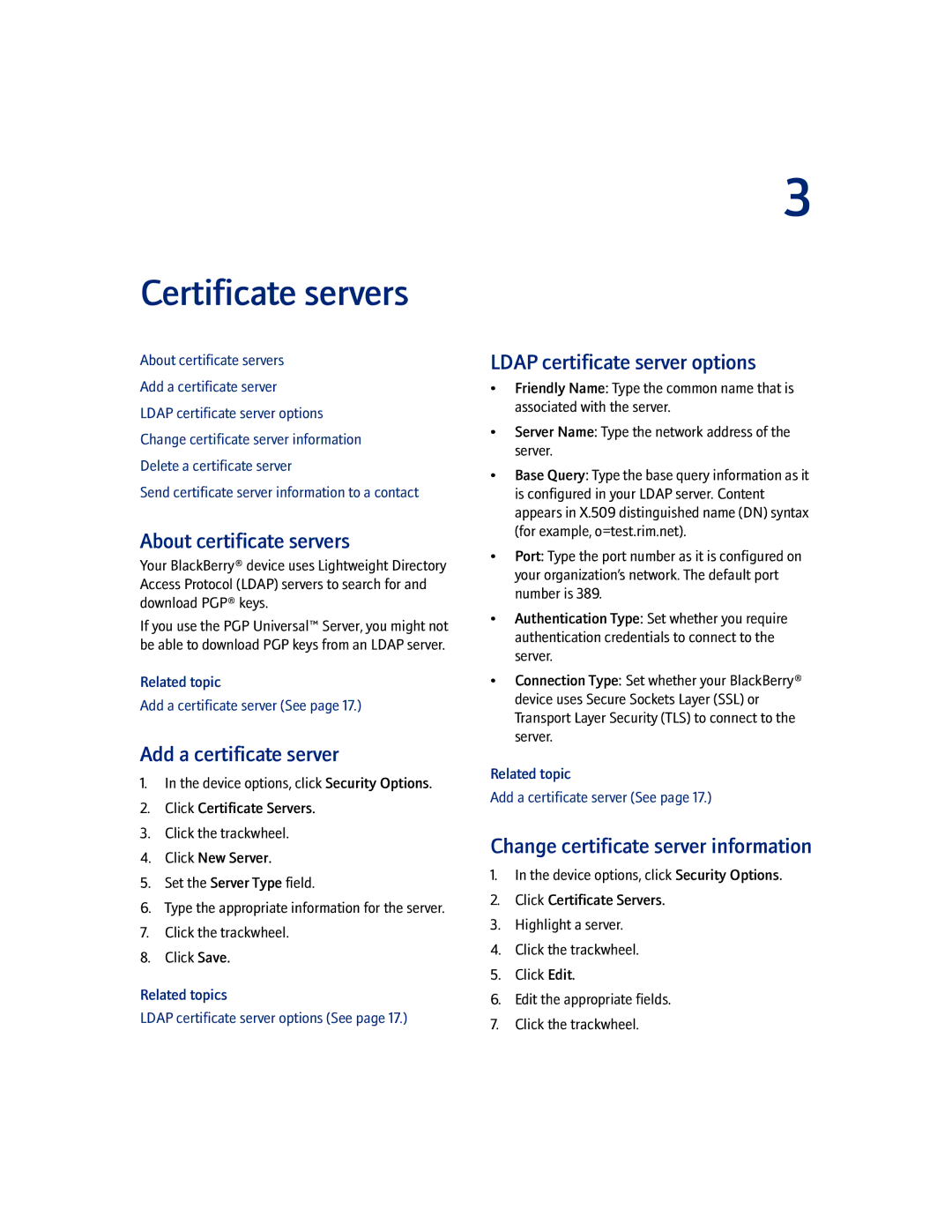 Blackberry PGP Certificate servers, About certificate servers, Add a certificate server, Ldap certificate server options 