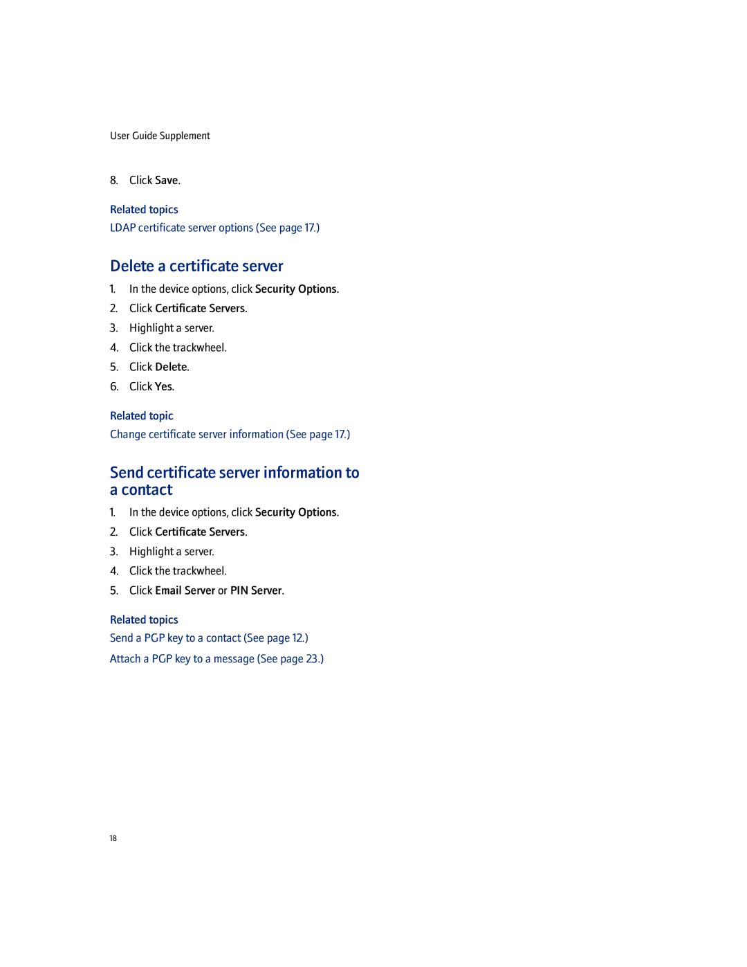 Blackberry PGP manual Delete a certificate server, Send certificate server information to a contact 