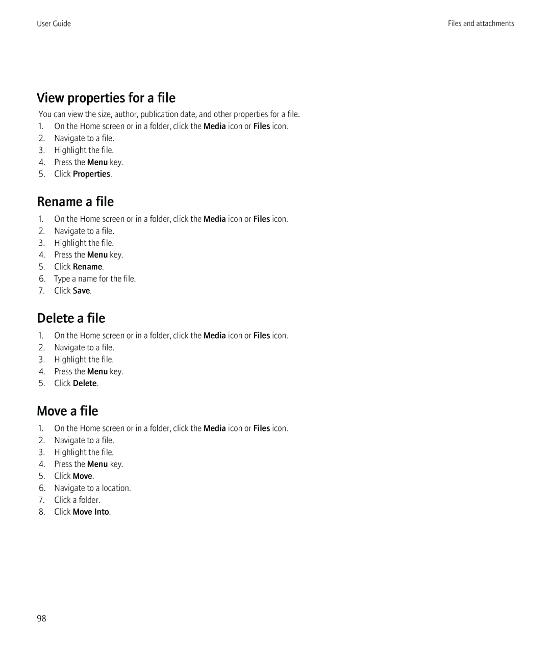 Blackberry PRD-12528-103 manual View properties for a file, Rename a file, Delete a file, Move a file 