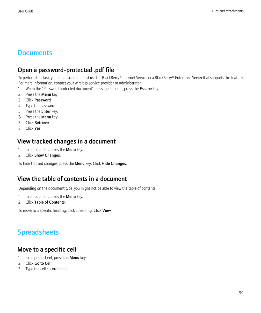 Blackberry PRD-12528-103 manual Documents, Spreadsheets, View tracked changes in a document, Move to a specific cell 