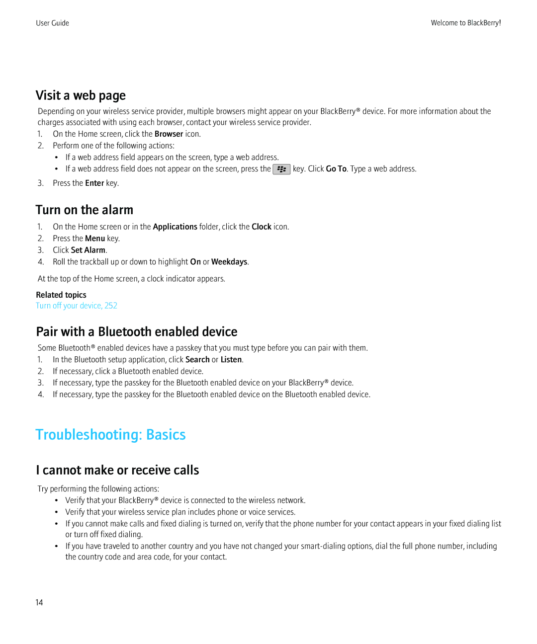 Blackberry PRD-12528-103 Troubleshooting Basics, Visit a web, Turn on the alarm, Pair with a Bluetooth enabled device 