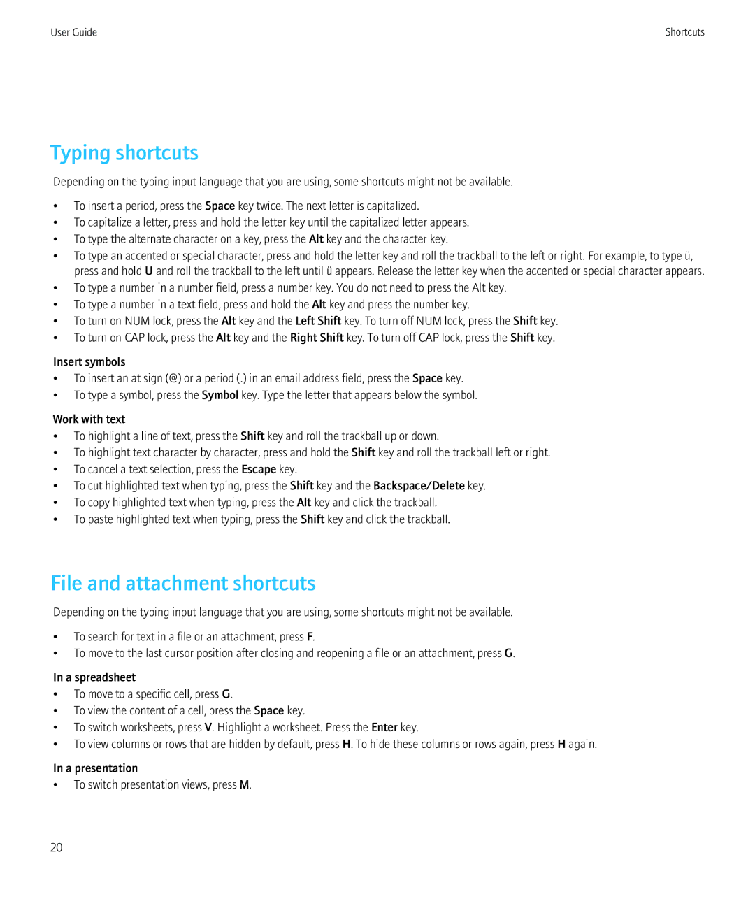 Blackberry PRD-12528-103 manual Typing shortcuts, File and attachment shortcuts 