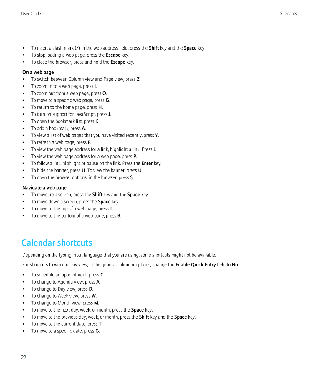 Blackberry PRD-12528-103 manual Calendar shortcuts 