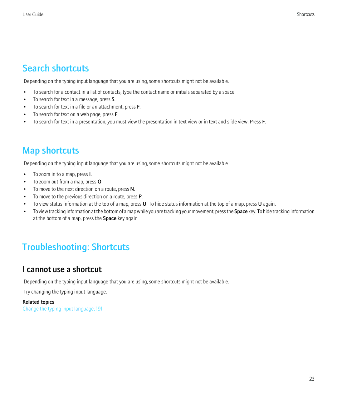 Blackberry PRD-12528-103 manual Search shortcuts, Map shortcuts, Troubleshooting Shortcuts, Cannot use a shortcut 