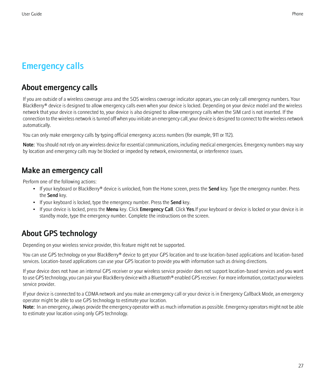 Blackberry PRD-12528-103 manual Emergency calls, About emergency calls, Make an emergency call, About GPS technology 