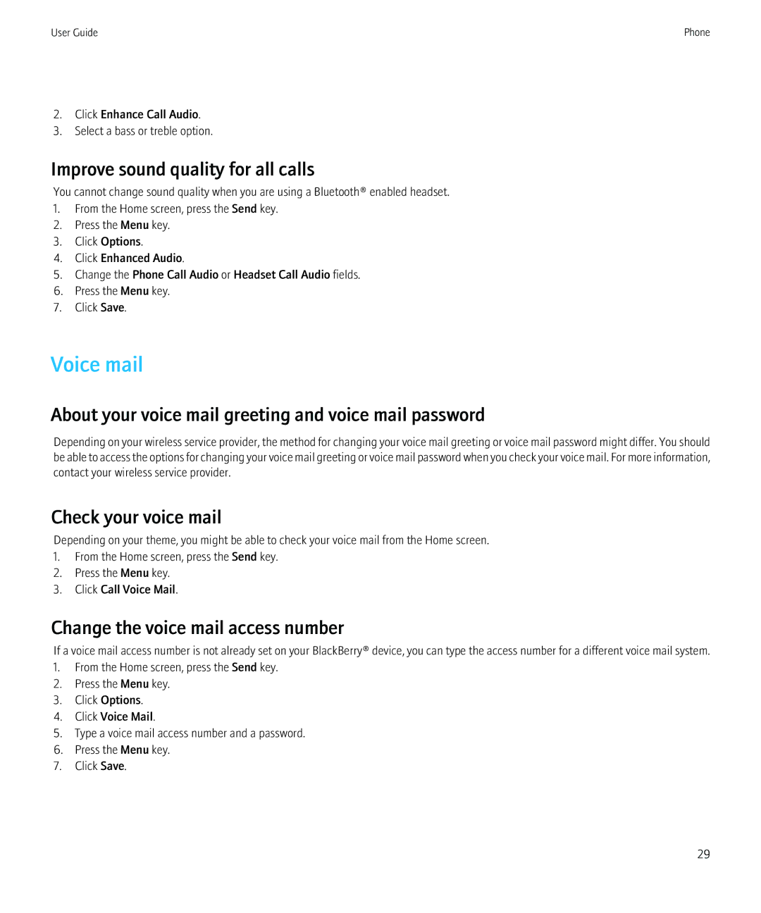 Blackberry PRD-12528-103 manual Voice mail, Improve sound quality for all calls, Check your voice mail 